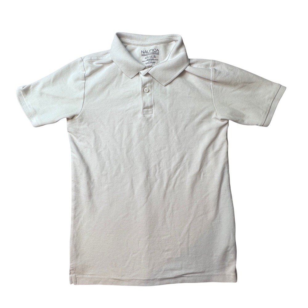 Nautica Polo Shirt Boys L 14/16 White School Uniform Pique Short Sleeve NUFBBO3F